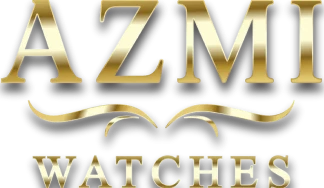 Gold "AZMI Watches" logo on black background.
